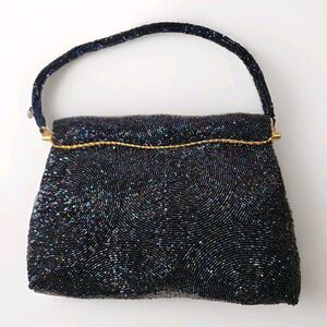 Vintage 40s Elsie TuHong Kong Blue Multicolor Glass Beaded Evening Bag Clasp Top